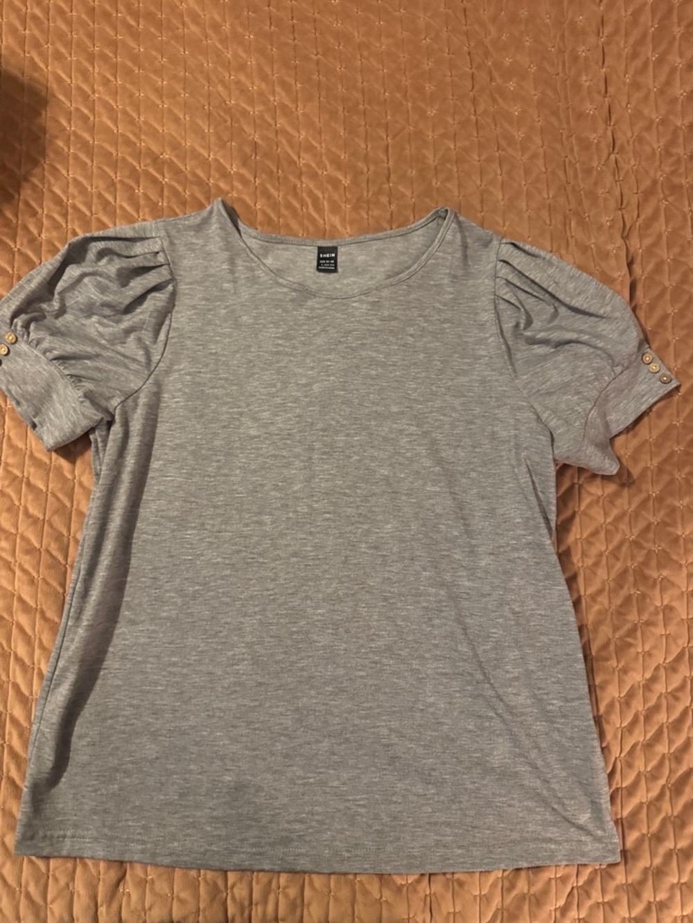 Gray Puff-Sleeve Crewneck Top - sleeve button detail